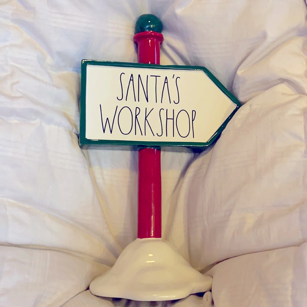 Rae Dunn Santa’s Workshop Direction Ceramic Sign Christmas Decor Seasona…